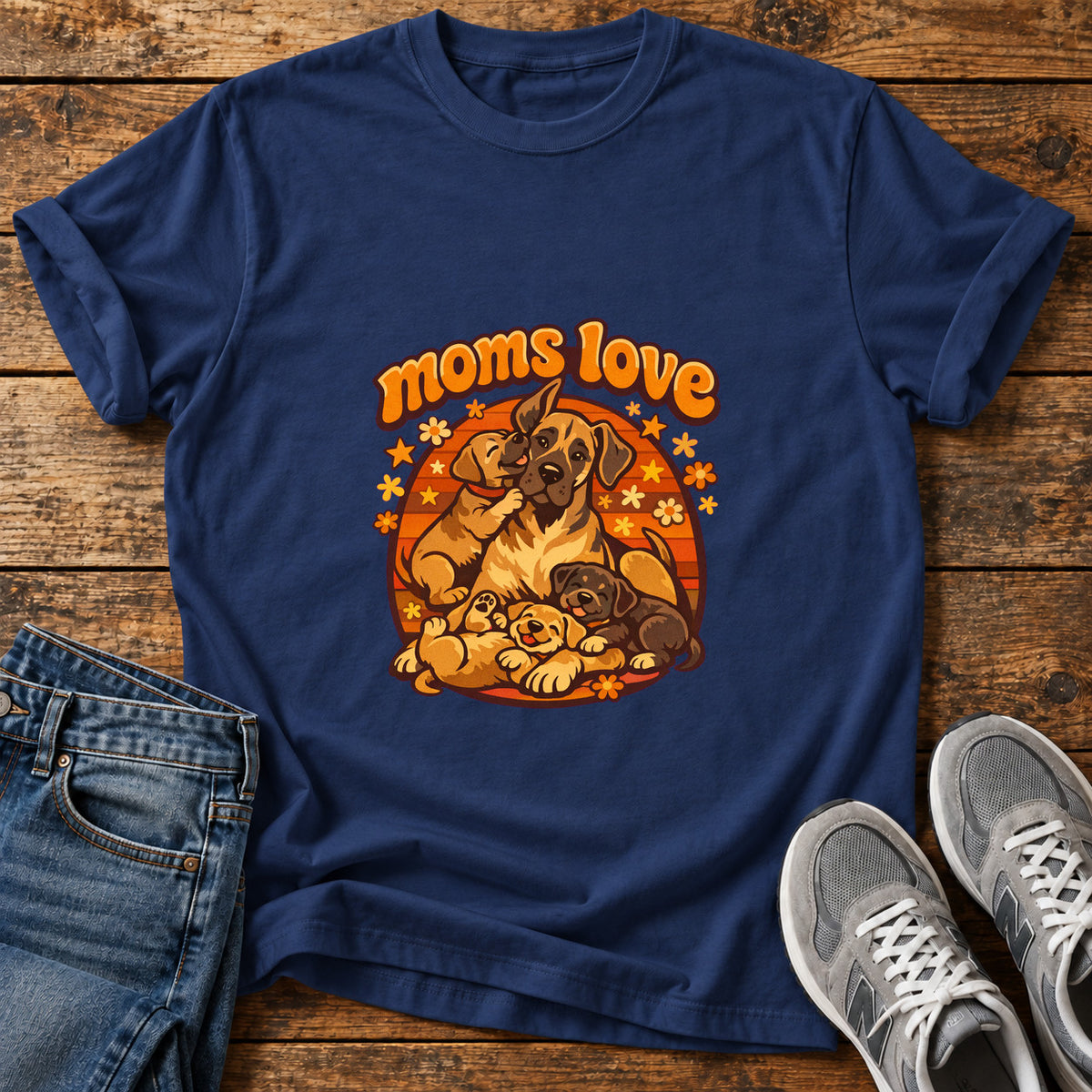 Moms Love Great Dane graphic T-shirt in Navy, shown on a flat-lay shirt mockup