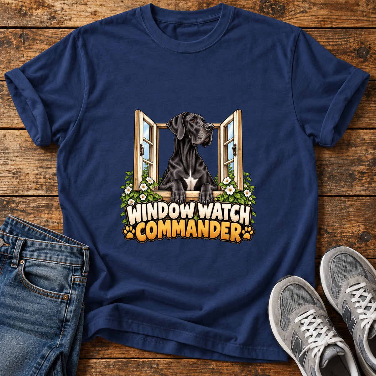 Window Watch Commander Great Dane graphic T-shirt in Navy, shown on a flat-lay shirt mockup