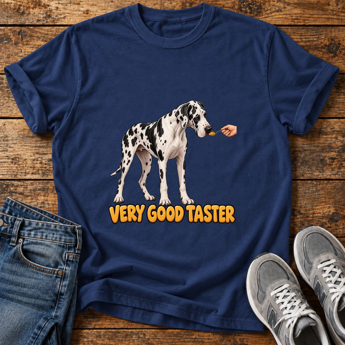 Very Good Taster Great Dane graphic T-shirt in Navy, shown on a flat-lay shirt mockup