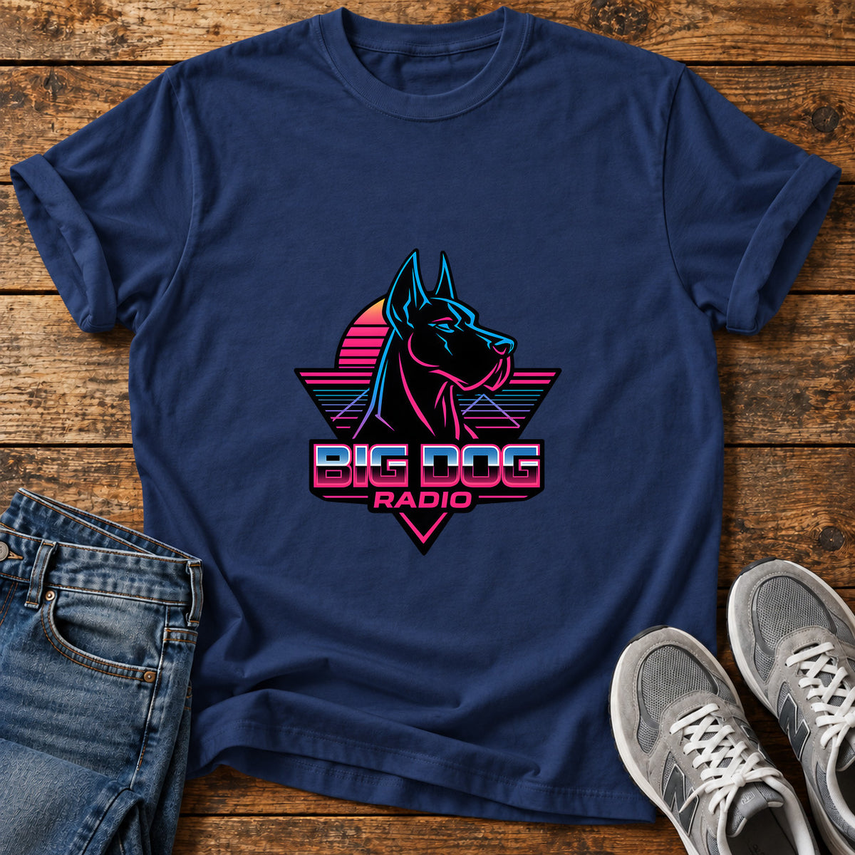 Big Dog Radio Great Dane graphic T-shirt in Navy, shown on a flat-lay shirt mockup