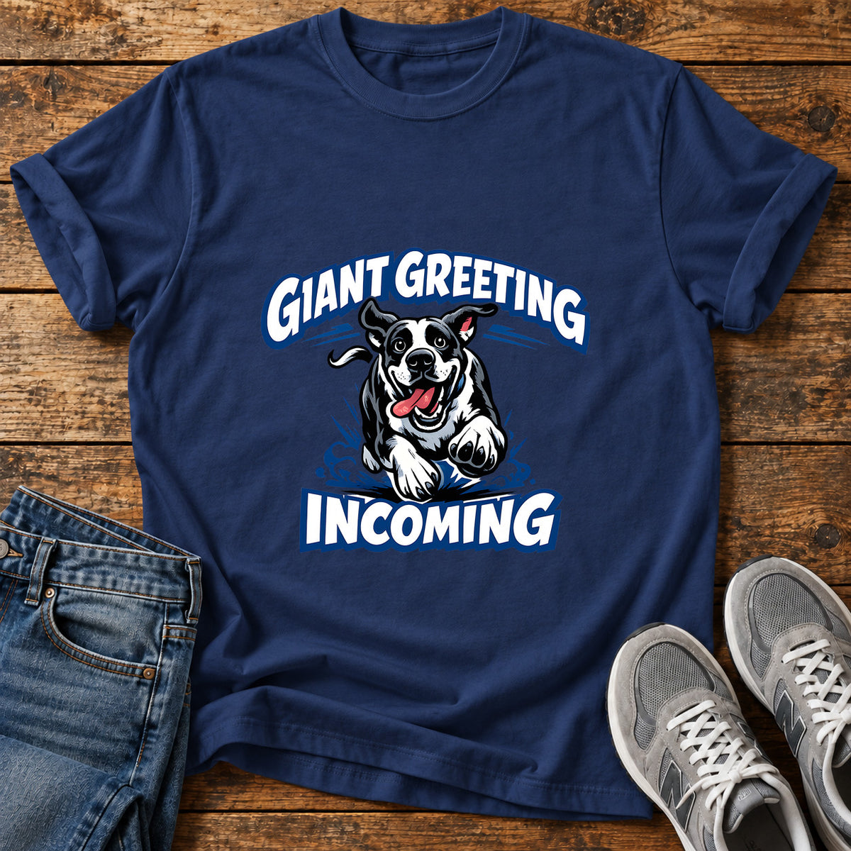 Giant Greeting Great Dane graphic T-shirt in Navy, shown on a flat-lay shirt mockup