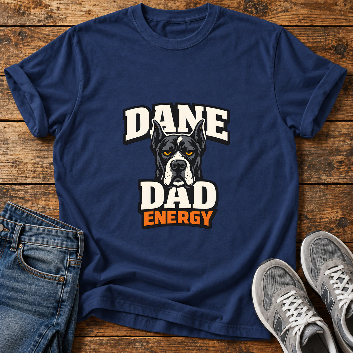 Dane Dad Energy Great Dane graphic T-shirt in Navy, shown on a flat-lay shirt mockup