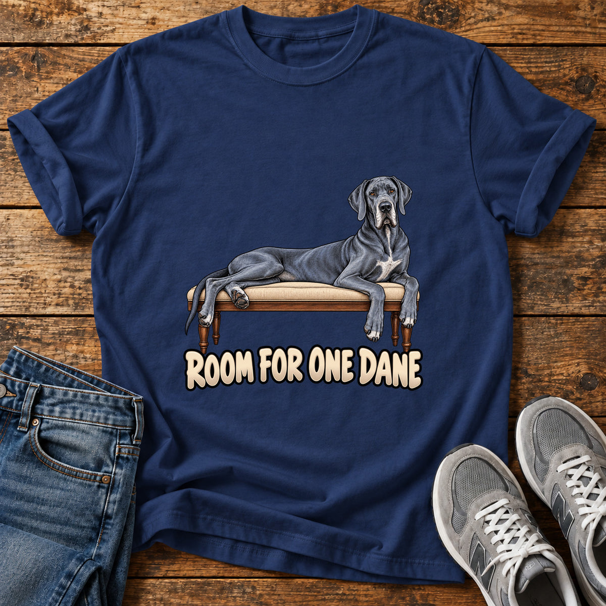 Room For Dane Great Dane graphic T-shirt in Navy, shown on a flat-lay shirt mockup