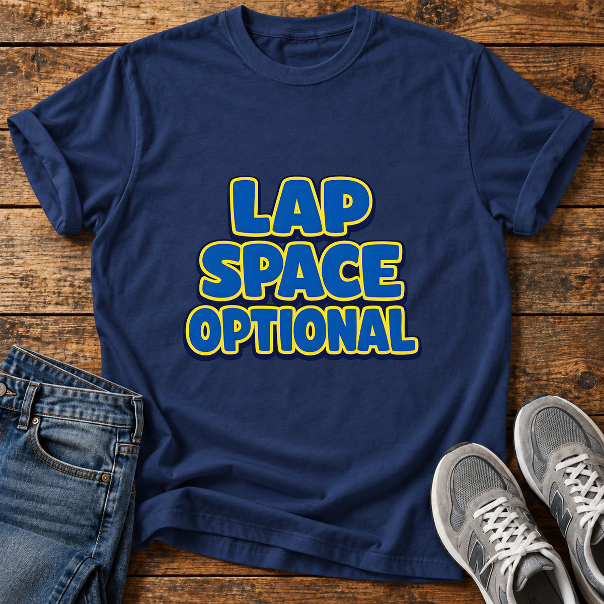 Lap Space Optional Great Dane graphic T-shirt in Navy, shown on a flat-lay shirt mockup