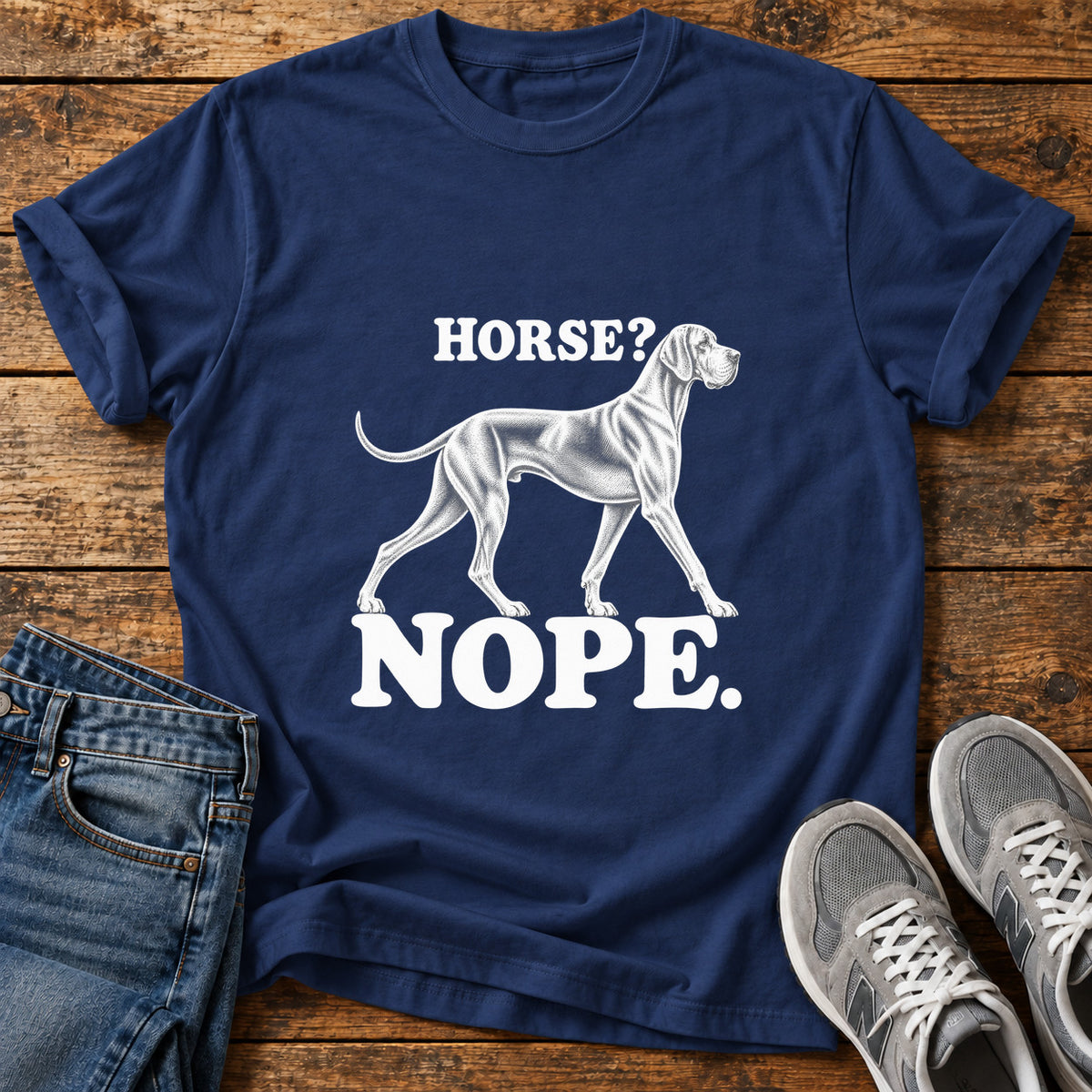 Horse Nope Great Dane graphic T-shirt in Navy, shown on a flat-lay shirt mockup