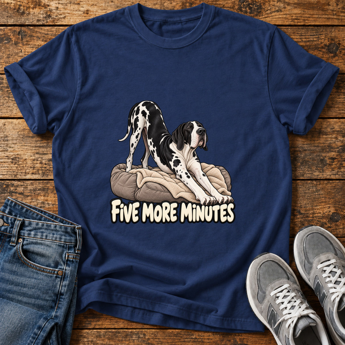 Five More Minutes Great Dane graphic T-shirt in Navy, shown on a flat-lay shirt mockup