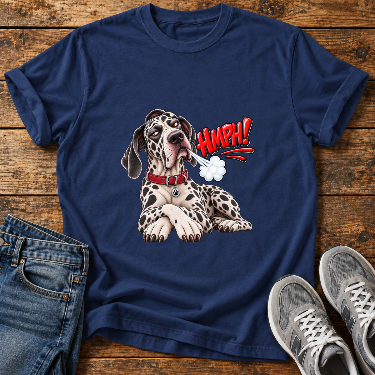 Hmph Pooch Great Dane graphic T-shirt in Navy, shown on a flat-lay shirt mockup