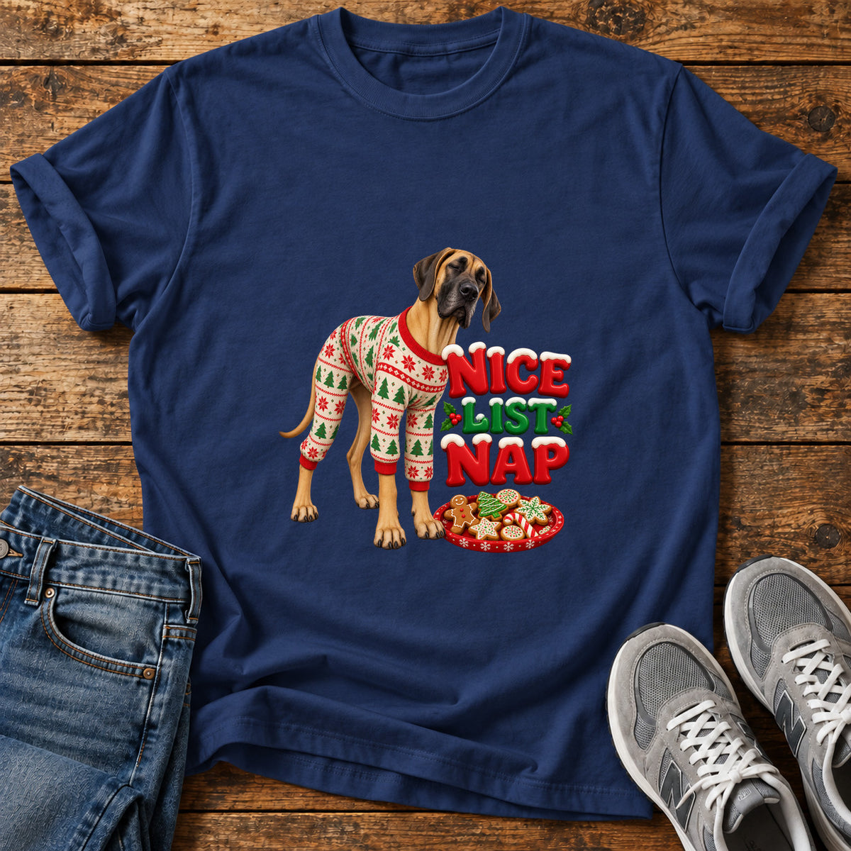 Nice List Nap Great Dane graphic T-shirt in Navy, shown on a flat-lay shirt mockup