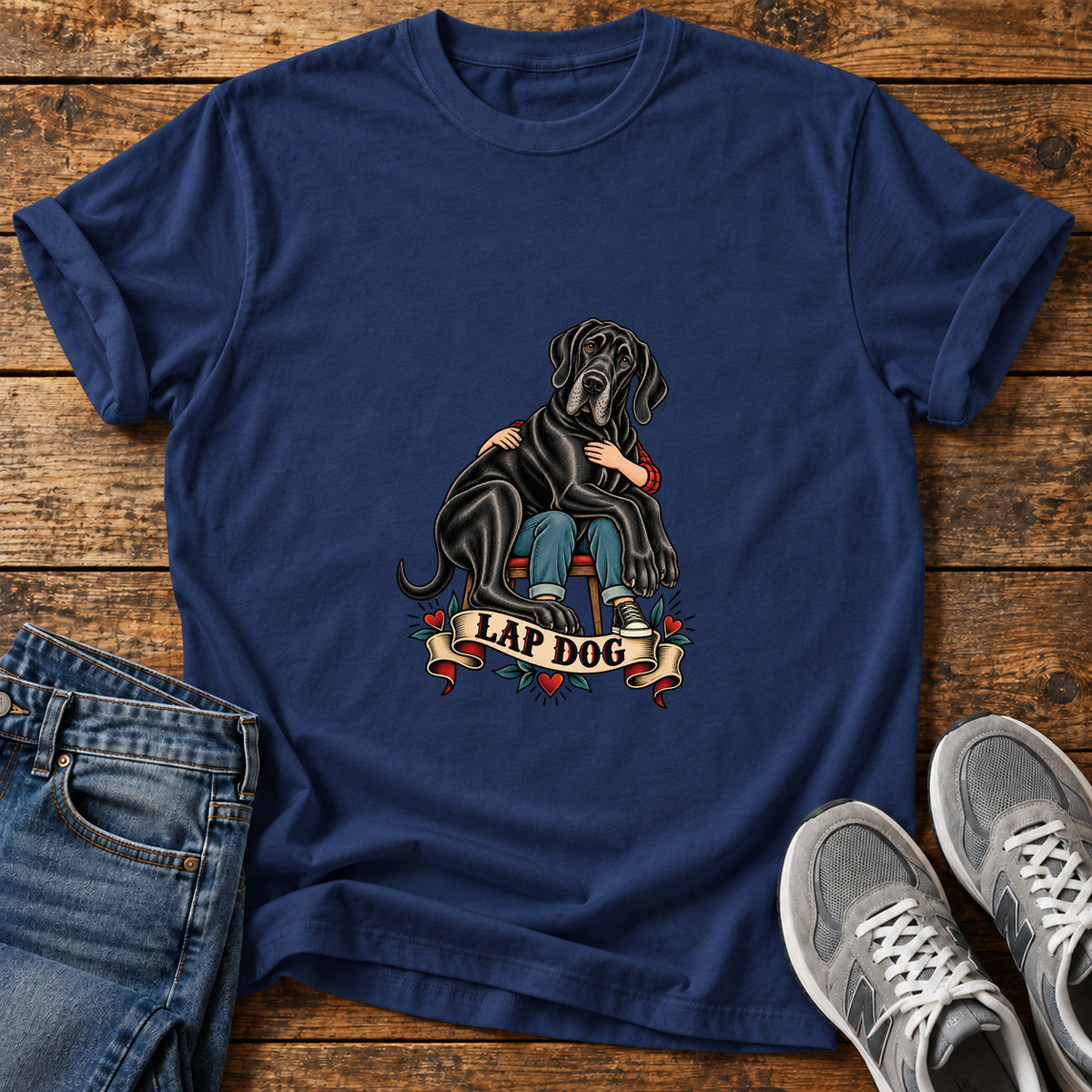 Lap Dog Great Dane graphic T-shirt in Navy, shown on a flat-lay shirt mockup