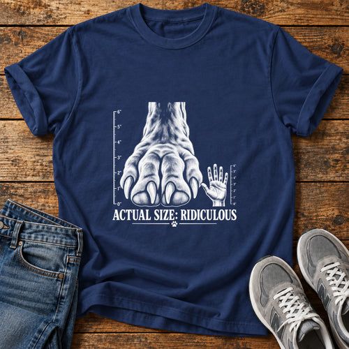 Actual Size Ridiculous Great Dane graphic T-shirt in Navy, shown on a flat-lay shirt mockup
