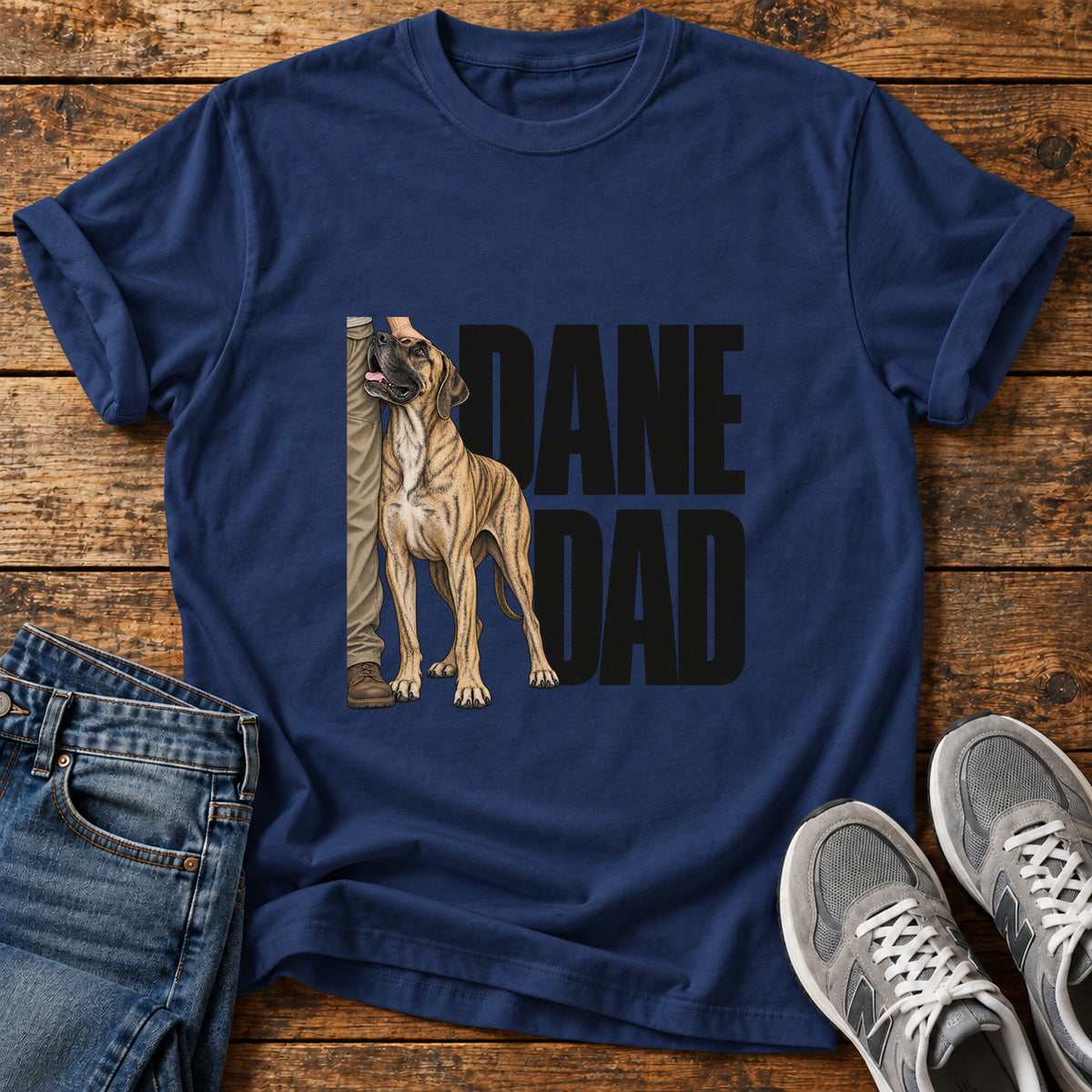 Dane Dad Great Dane graphic T-shirt in Navy, shown on a flat-lay shirt mockup