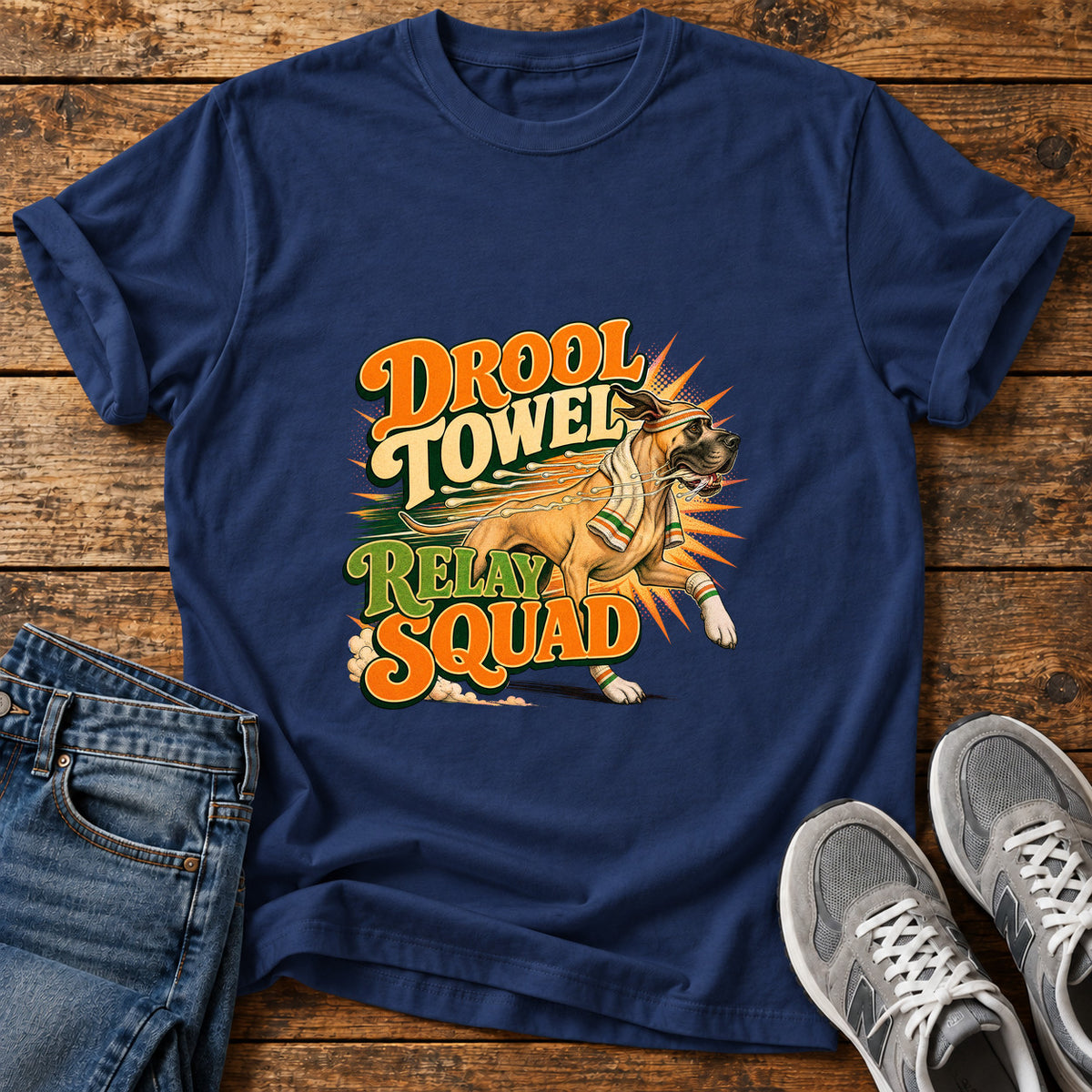 Drool Towel Squad Great Dane graphic T-shirt in Navy, shown on a flat-lay shirt mockup