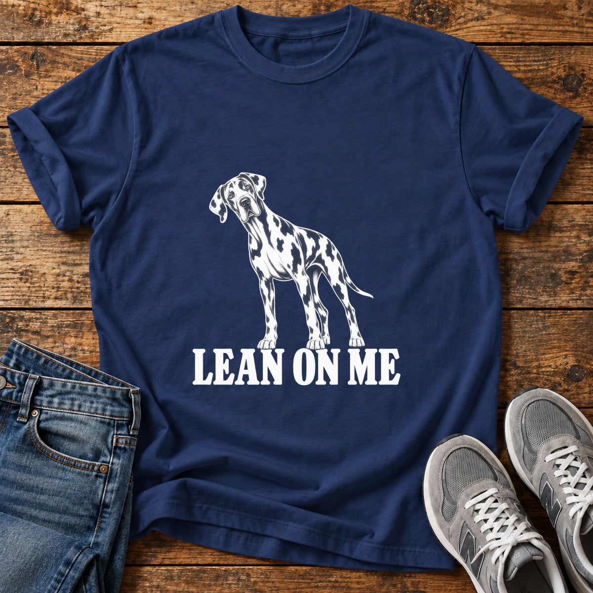 Lean On Me Great Dane graphic T-shirt in Navy, shown on a flat-lay shirt mockup