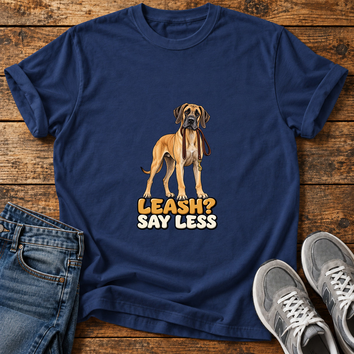 Leash Say Less Great Dane graphic T-shirt in Navy, shown on a flat-lay shirt mockup
