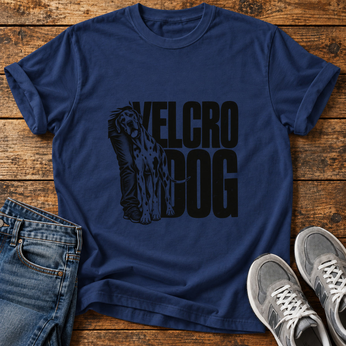 Velcro Dog Great Dane graphic T-shirt in Navy, shown on a flat-lay shirt mockup