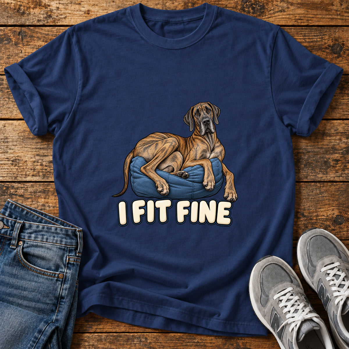 I Fit Fine Great Dane graphic T-shirt in Navy, shown on a flat-lay shirt mockup