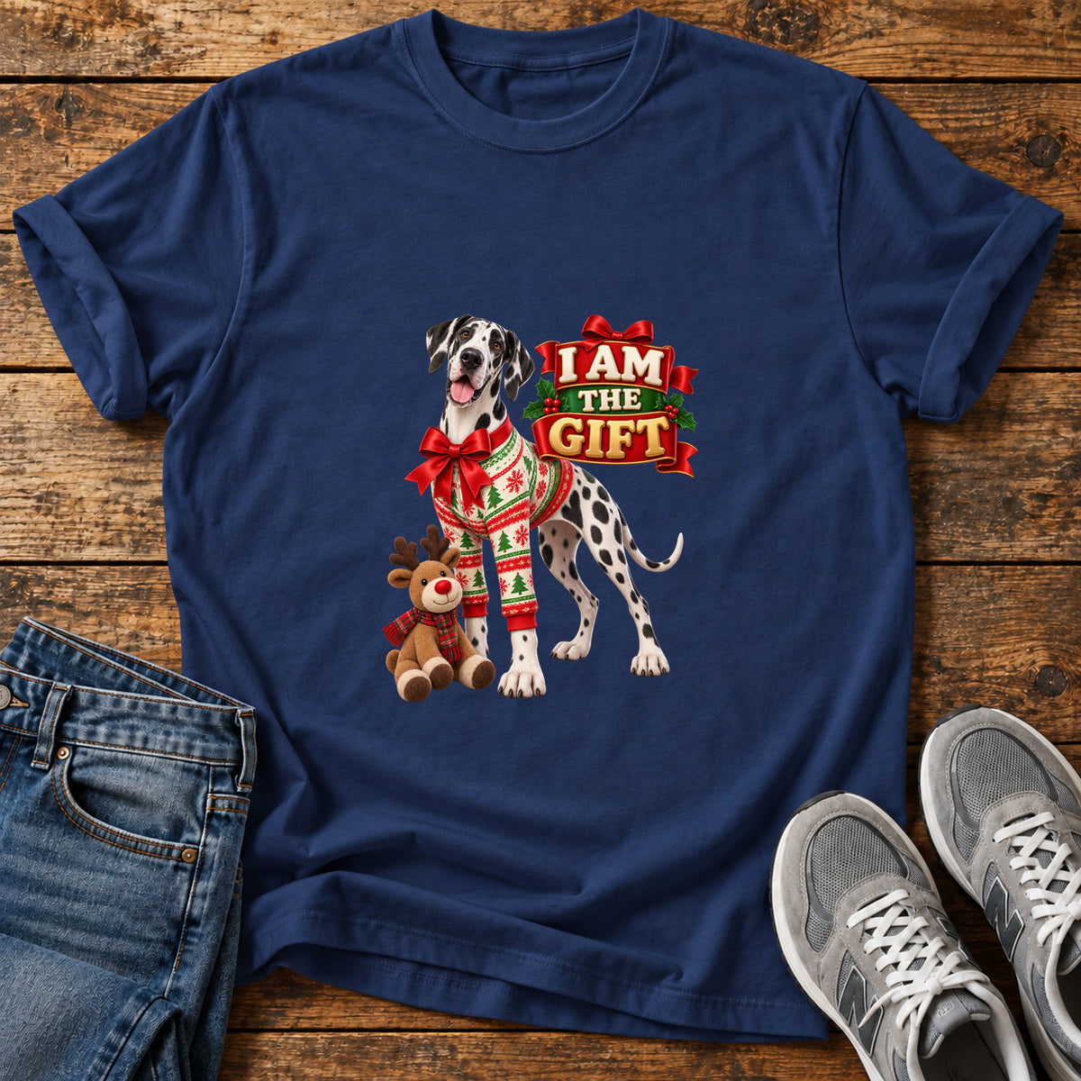 I Am Gift Great Dane graphic T-shirt in Navy, shown on a flat-lay shirt mockup