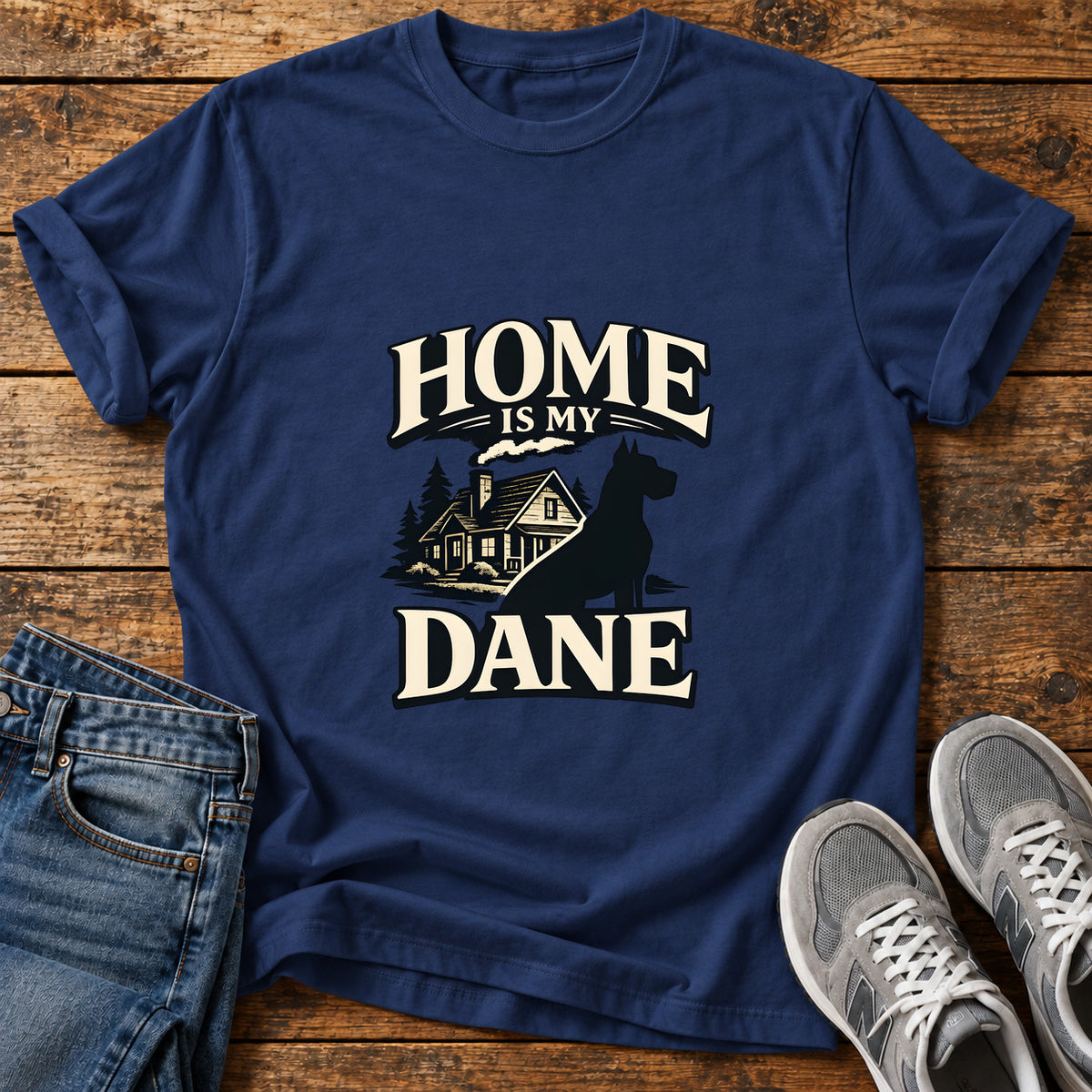 Home Dane Great Dane graphic T-shirt in Navy, shown on a flat-lay shirt mockup