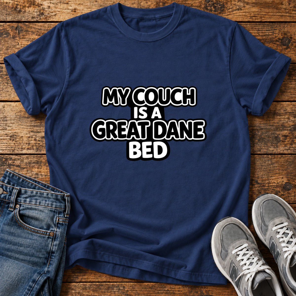 Great Dane Bed graphic T-shirt in Navy, shown on a flat-lay shirt mockup