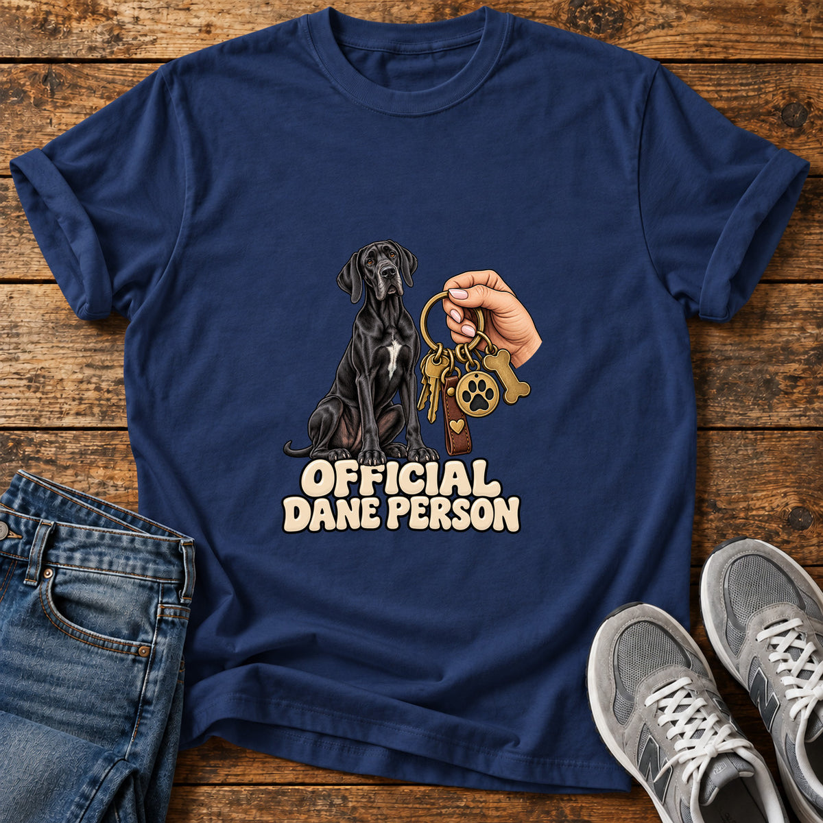 Official Dane Person Great Dane graphic T-shirt in Navy, shown on a flat-lay shirt mockup