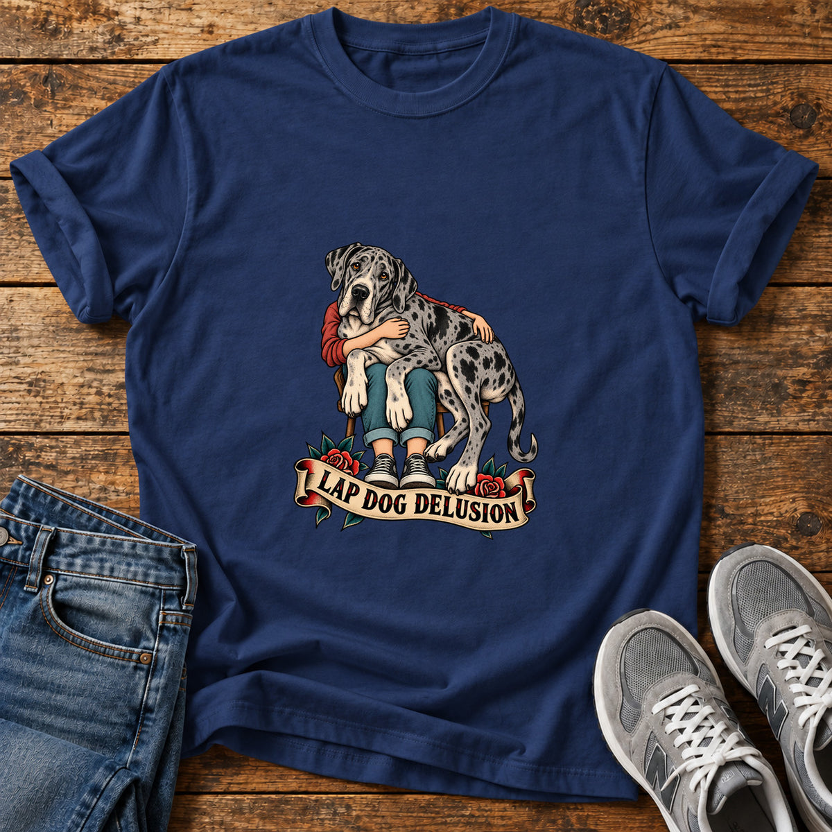 Lap Dog Delusion Great Dane graphic T-shirt in Navy, shown on a flat-lay shirt mockup
