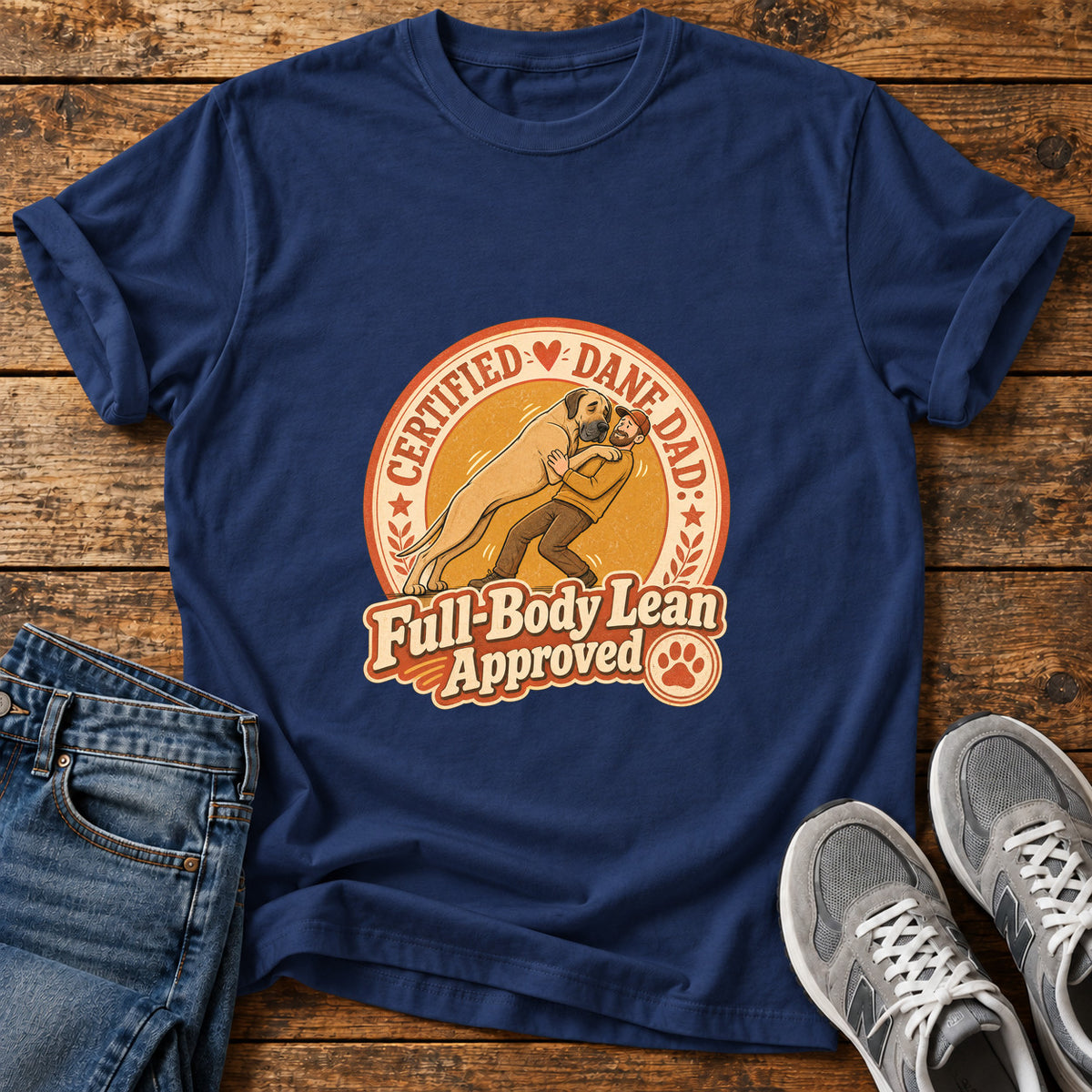 Full-Body Lean Great Dane graphic T-shirt in Navy, shown on a flat-lay shirt mockup