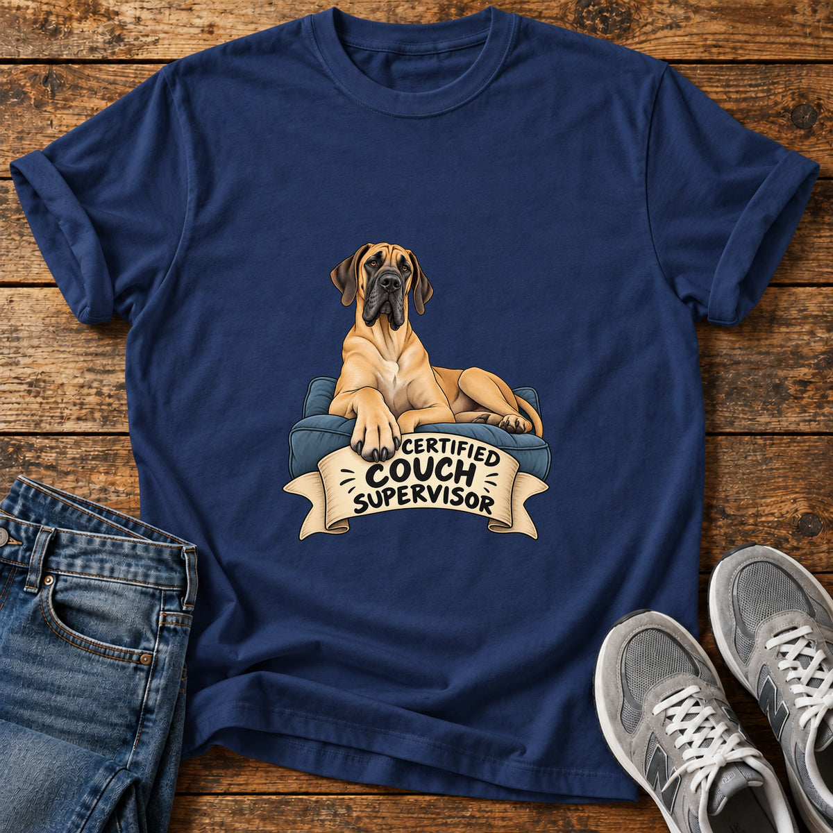 Certified Couch Supervisor Great Dane graphic T-shirt in Navy, shown on a flat-lay shirt mockup