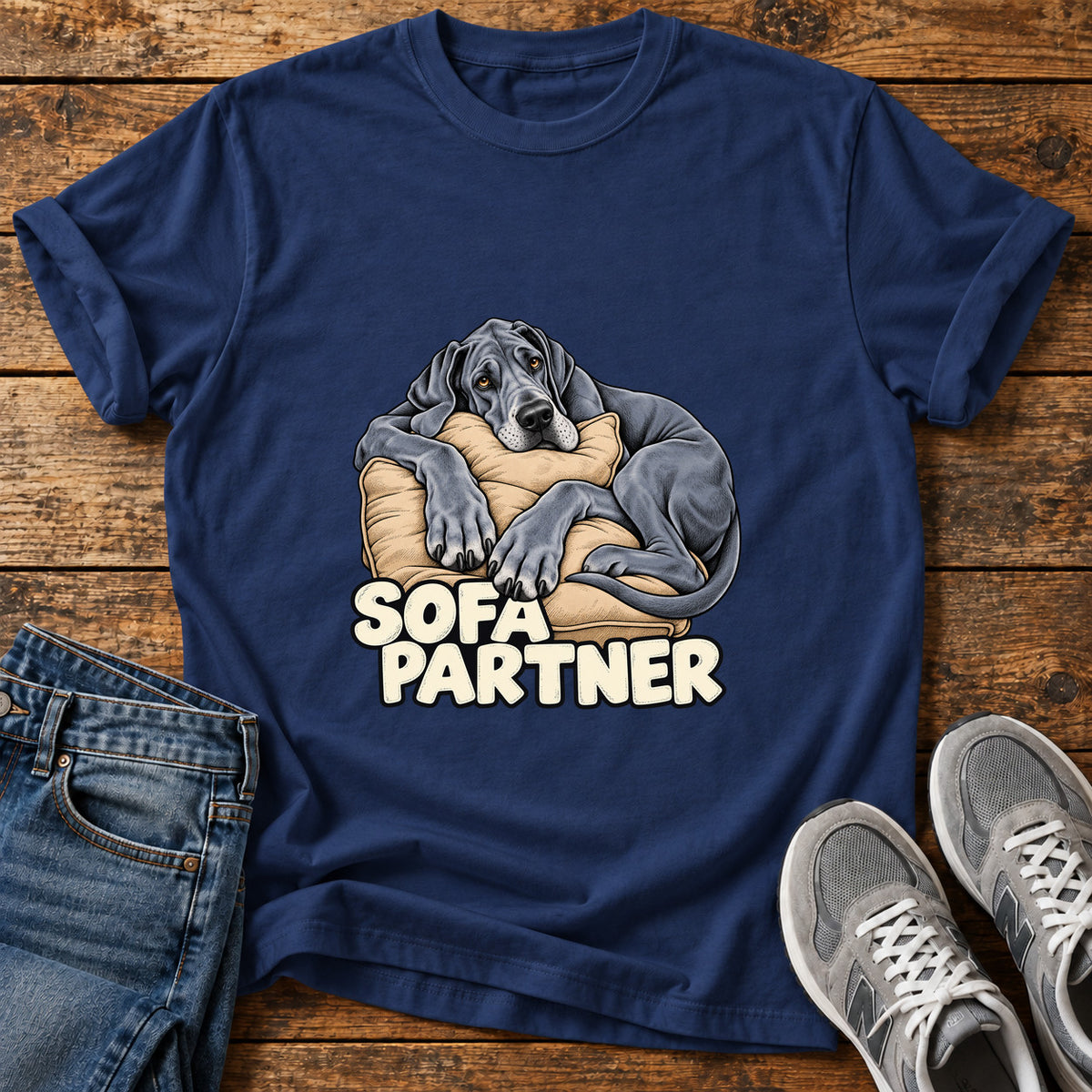 Sofa Partner Great Dane graphic T-shirt in Navy, shown on a flat-lay shirt mockup