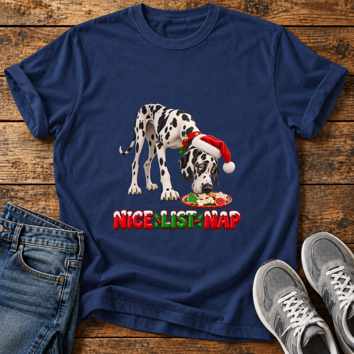 Nice List Nap Great Dane graphic T-shirt in Navy, shown on a flat-lay shirt mockup