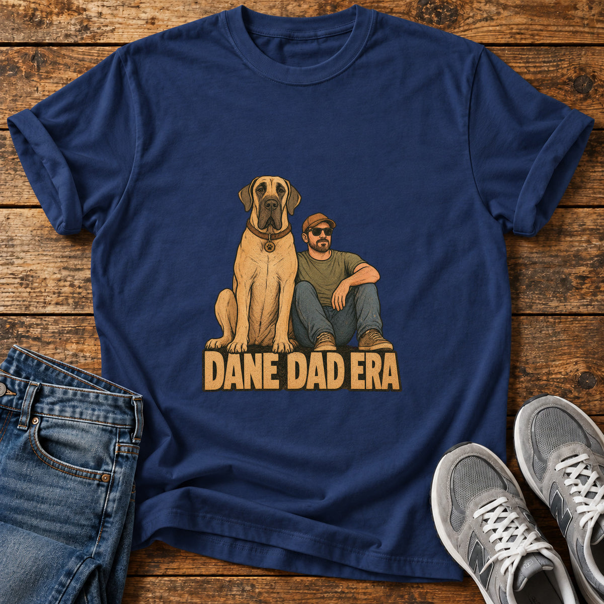 Dane Dad Era Great Dane graphic T-shirt in Navy, shown on a flat-lay shirt mockup