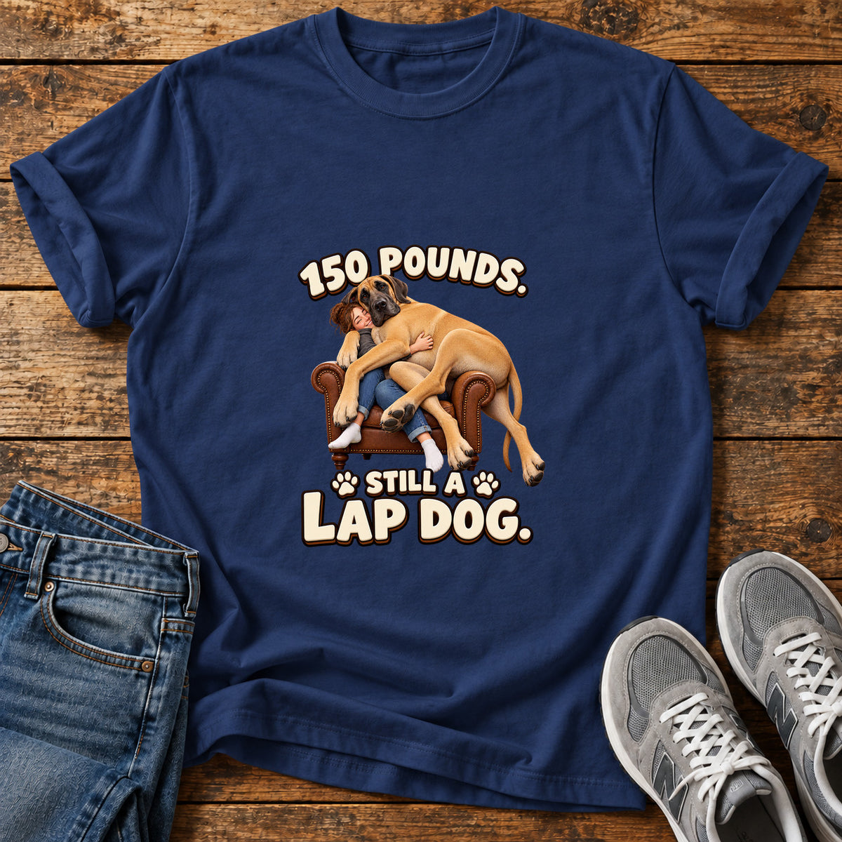 Lap Dog Hug Great Dane graphic T-shirt in Navy, shown on a flat-lay shirt mockup