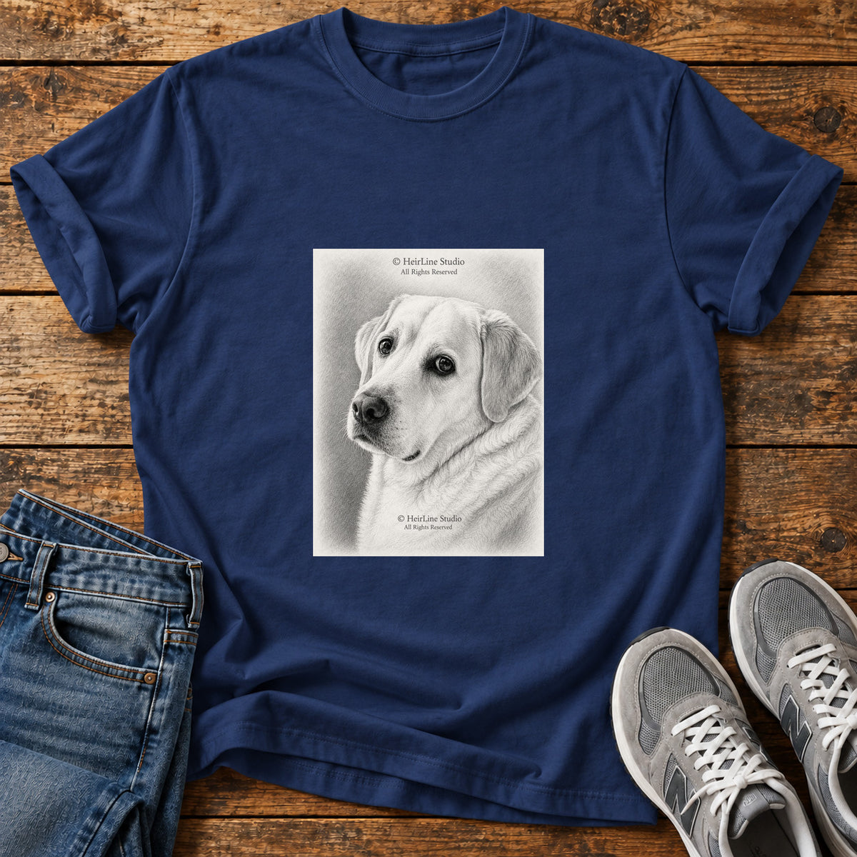 Gentle Lab Great Dane graphic T-shirt in Navy, shown on a flat-lay shirt mockup