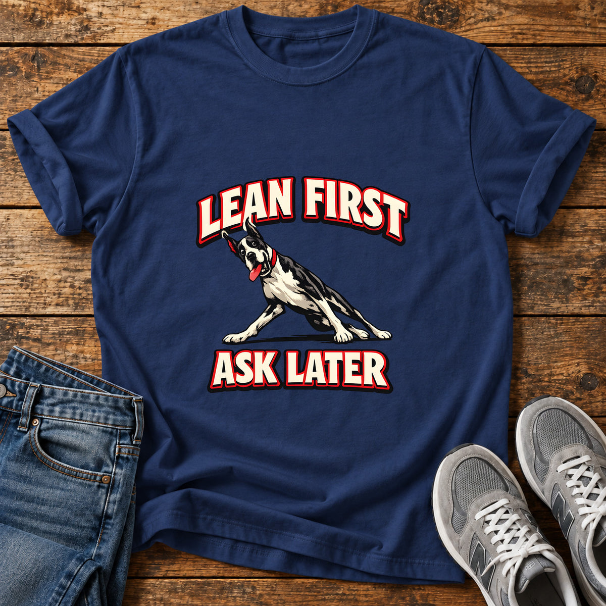Lean First Great Dane graphic T-shirt in Navy, shown on a flat-lay shirt mockup