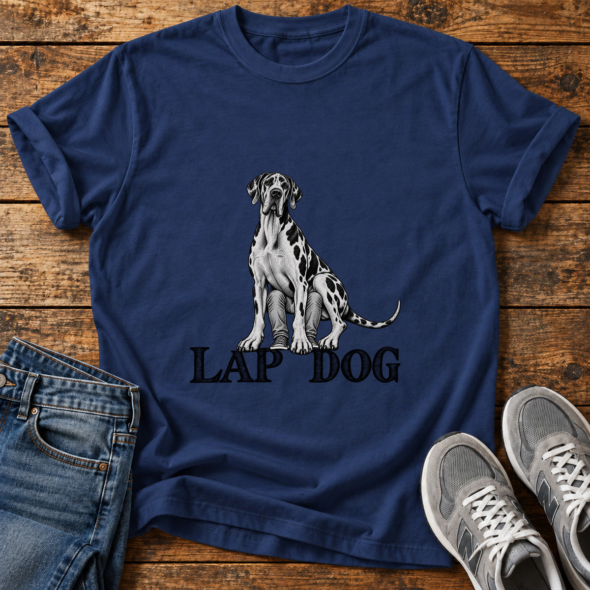 Lap Dog Great Dane graphic T-shirt in Navy, shown on a flat-lay shirt mockup