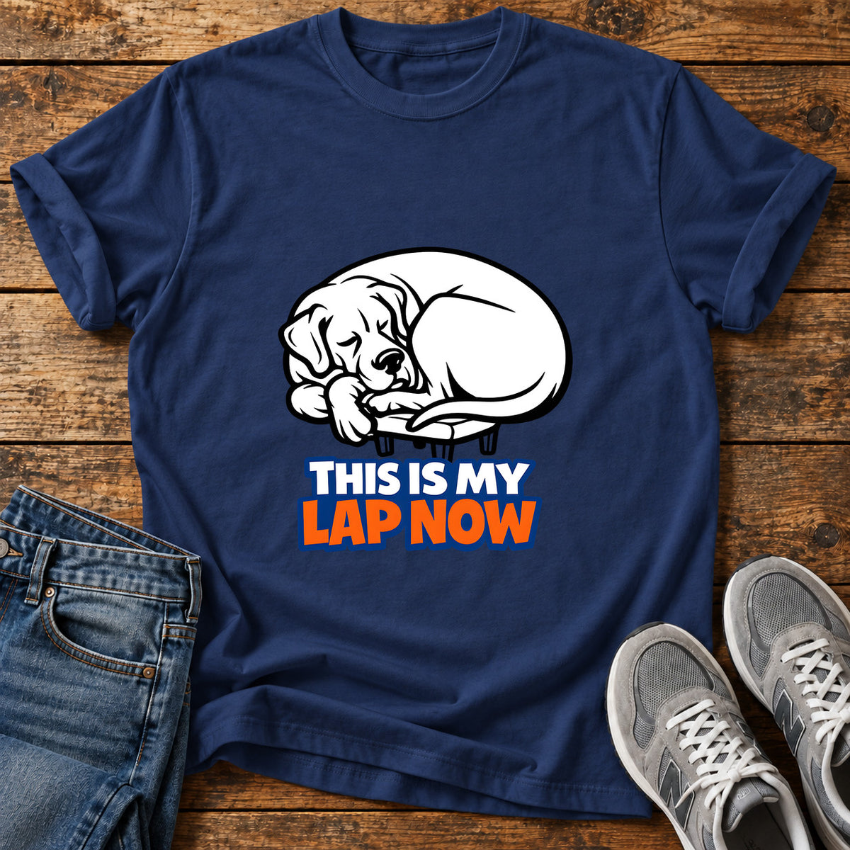 Lap Now Tee Great Dane graphic T-shirt in Navy, shown on a flat-lay shirt mockup
