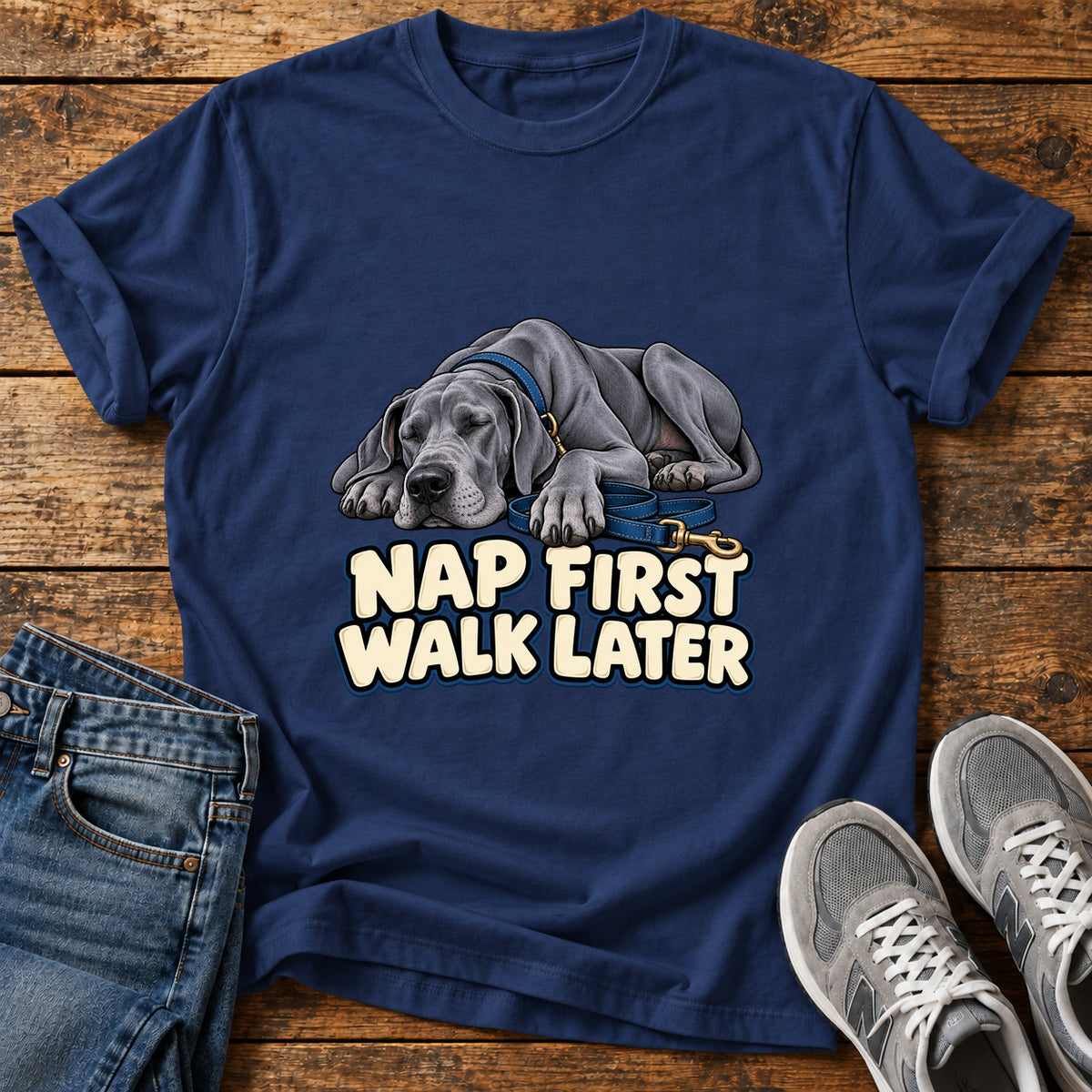 Nap First Great Dane graphic T-shirt in Navy, shown on a flat-lay shirt mockup