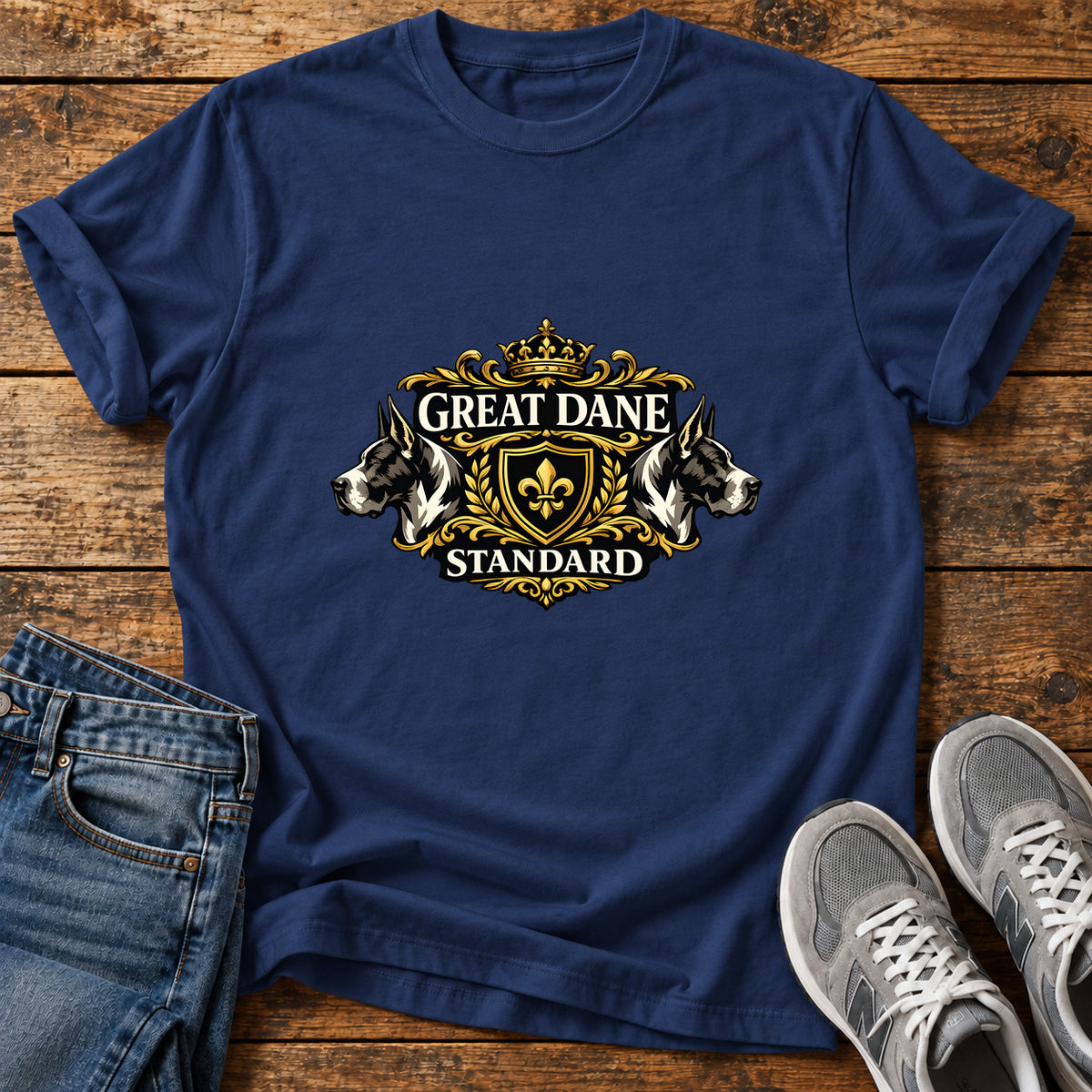 Great Dane Standard graphic T-shirt in Navy, shown on a flat-lay shirt mockup