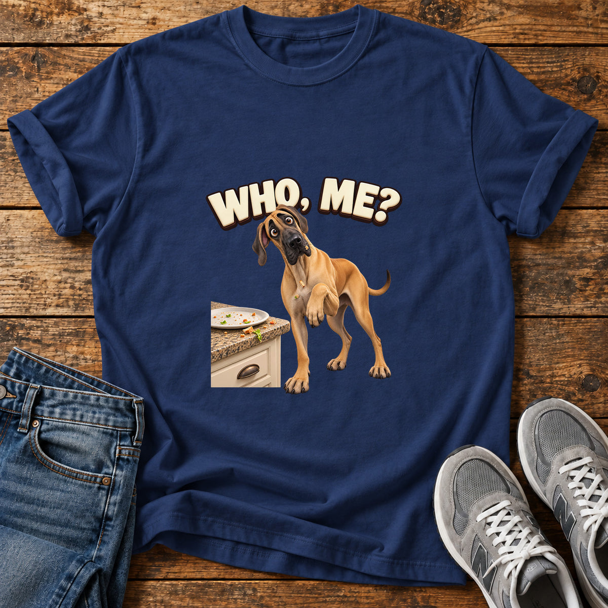 Who Me Great Dane graphic T-shirt in Navy, shown on a flat-lay shirt mockup