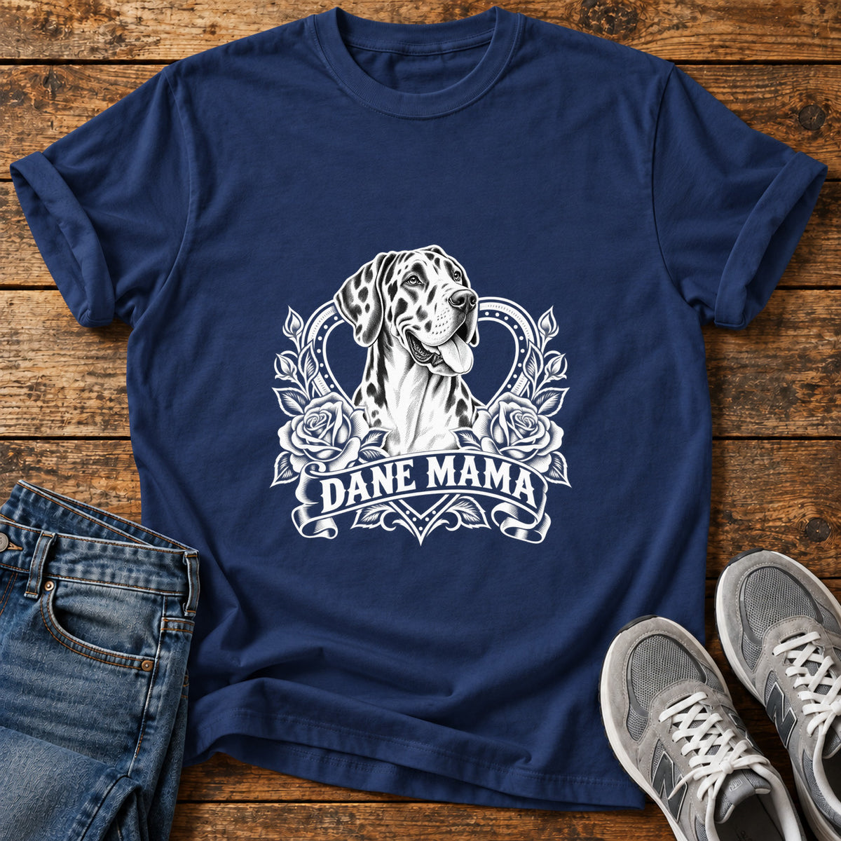 Dane Mama Great Dane graphic T-shirt in Navy, shown on a flat-lay shirt mockup
