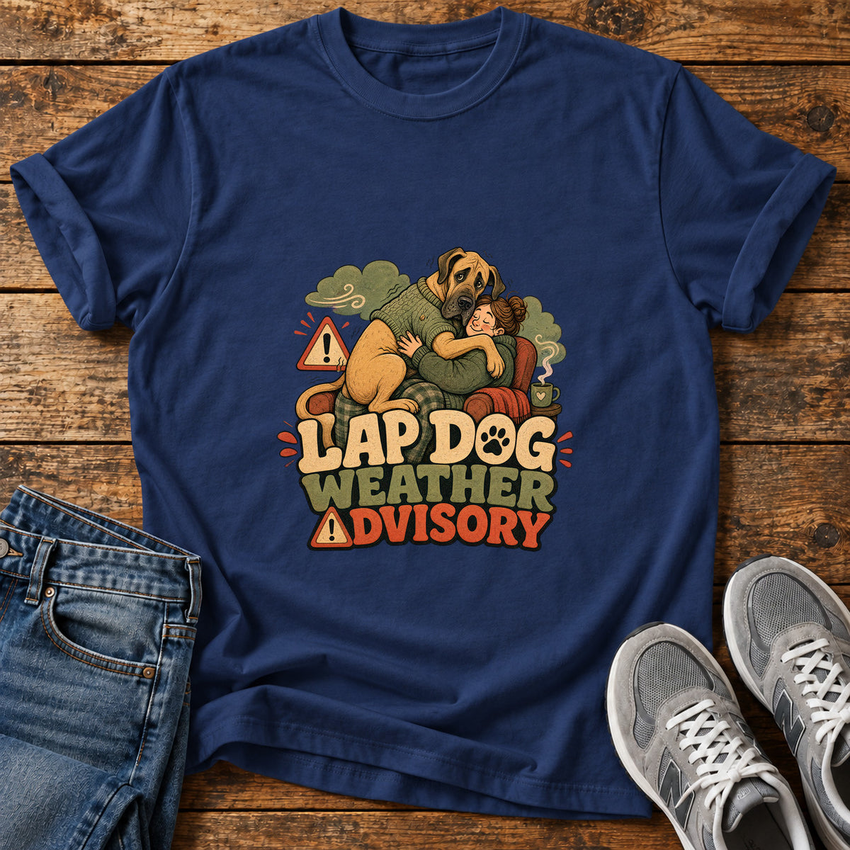 Lap Dog Advisory Great Dane graphic T-shirt in Navy, shown on a flat-lay shirt mockup