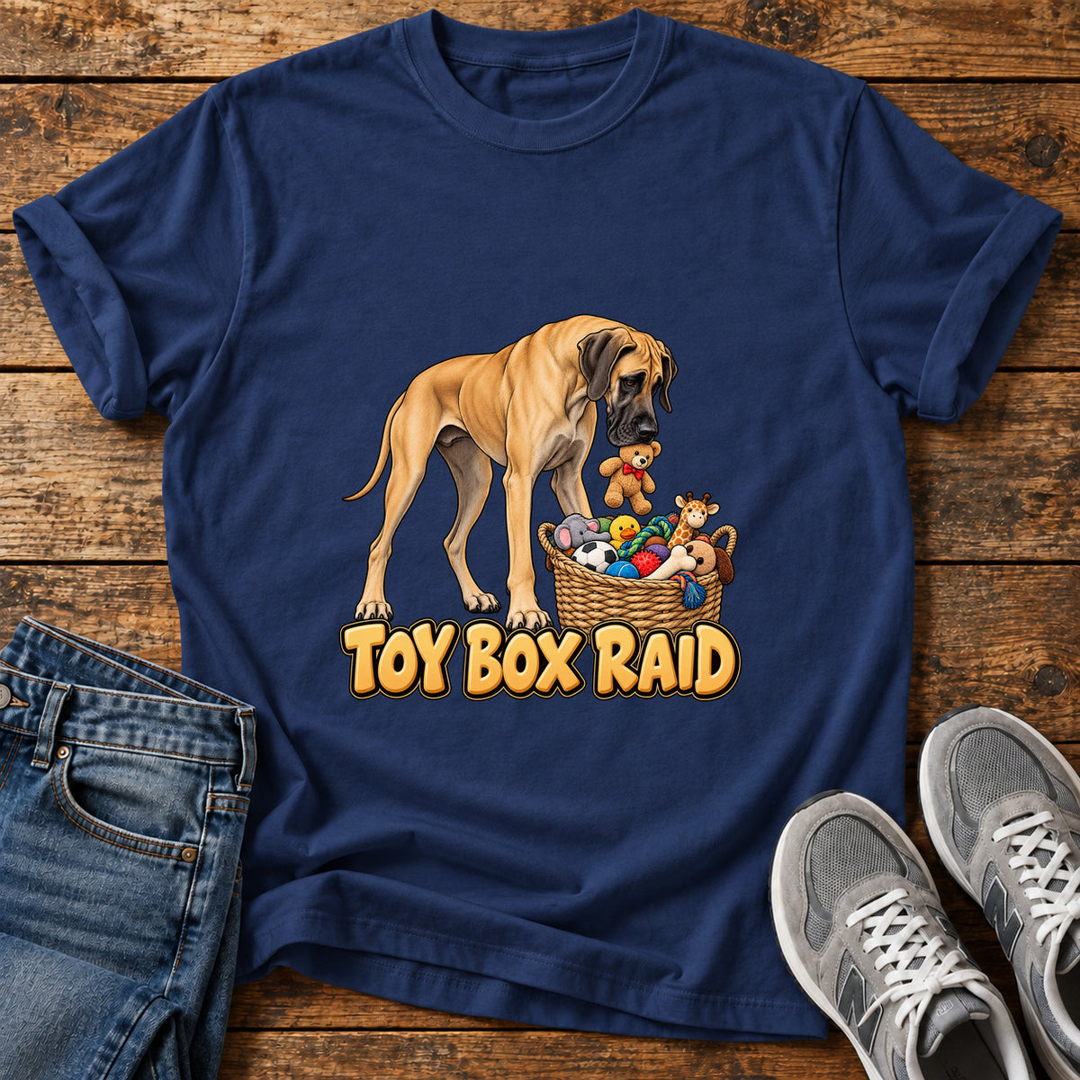Toy Box Raid Great Dane graphic T-shirt in Navy, shown on a flat-lay shirt mockup