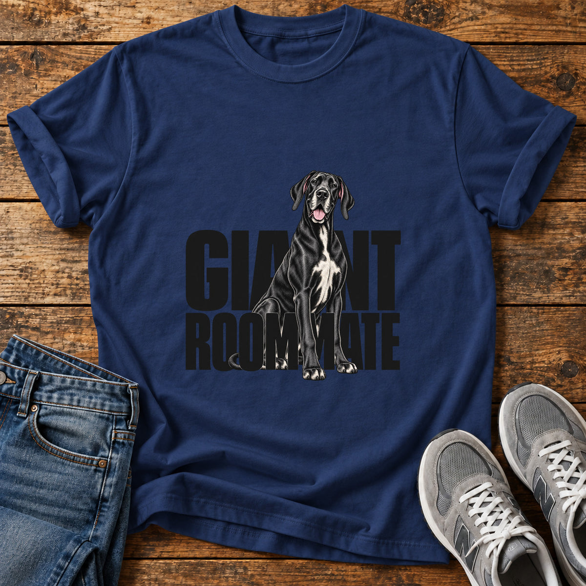 Giant Roommate Great Dane graphic T-shirt in Navy, shown on a flat-lay shirt mockup