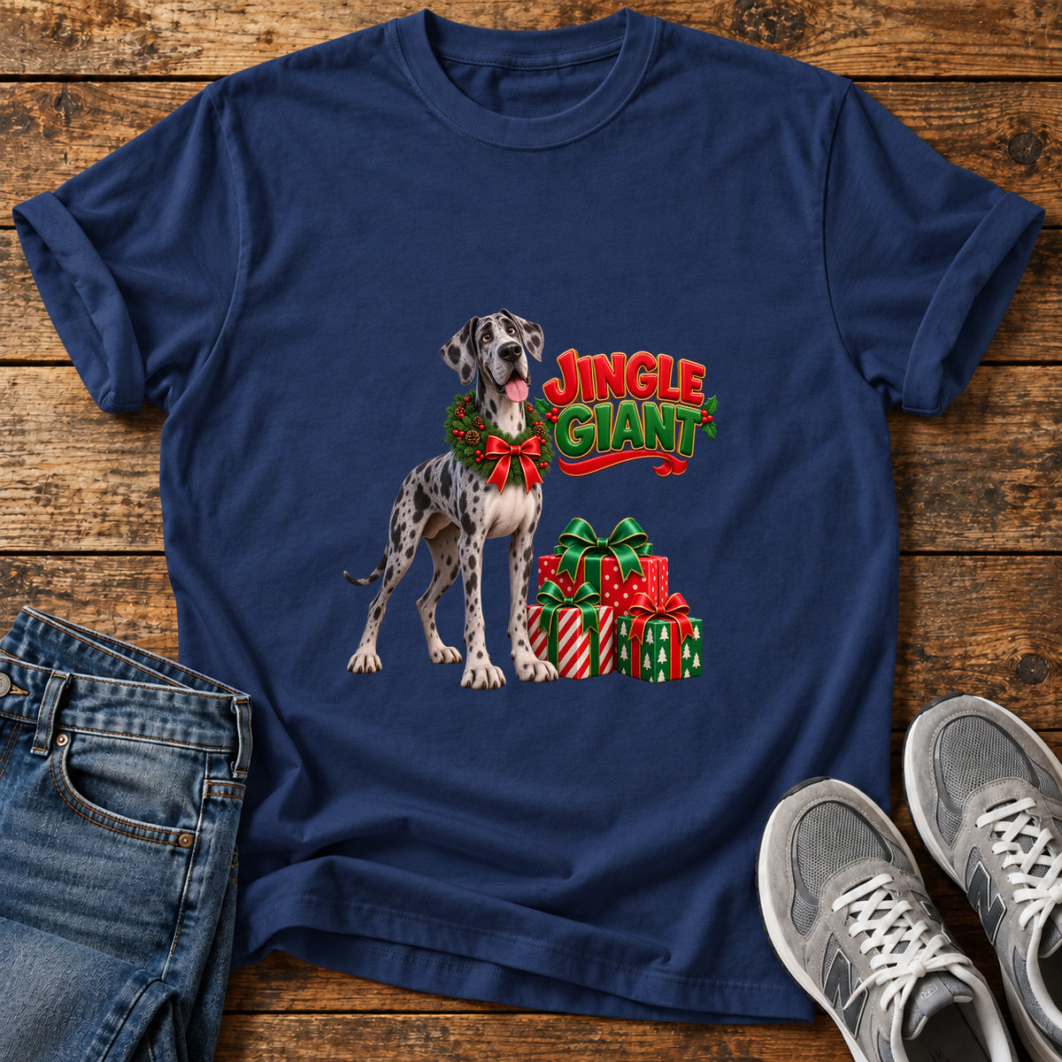 Jingle Giant Great Dane graphic T-shirt in Navy, shown on a flat-lay shirt mockup