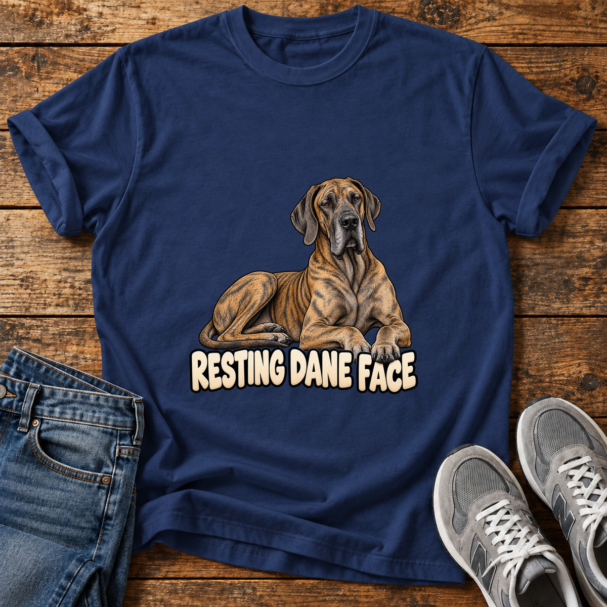 Resting Dane Face Great Dane graphic T-shirt in Navy, shown on a flat-lay shirt mockup