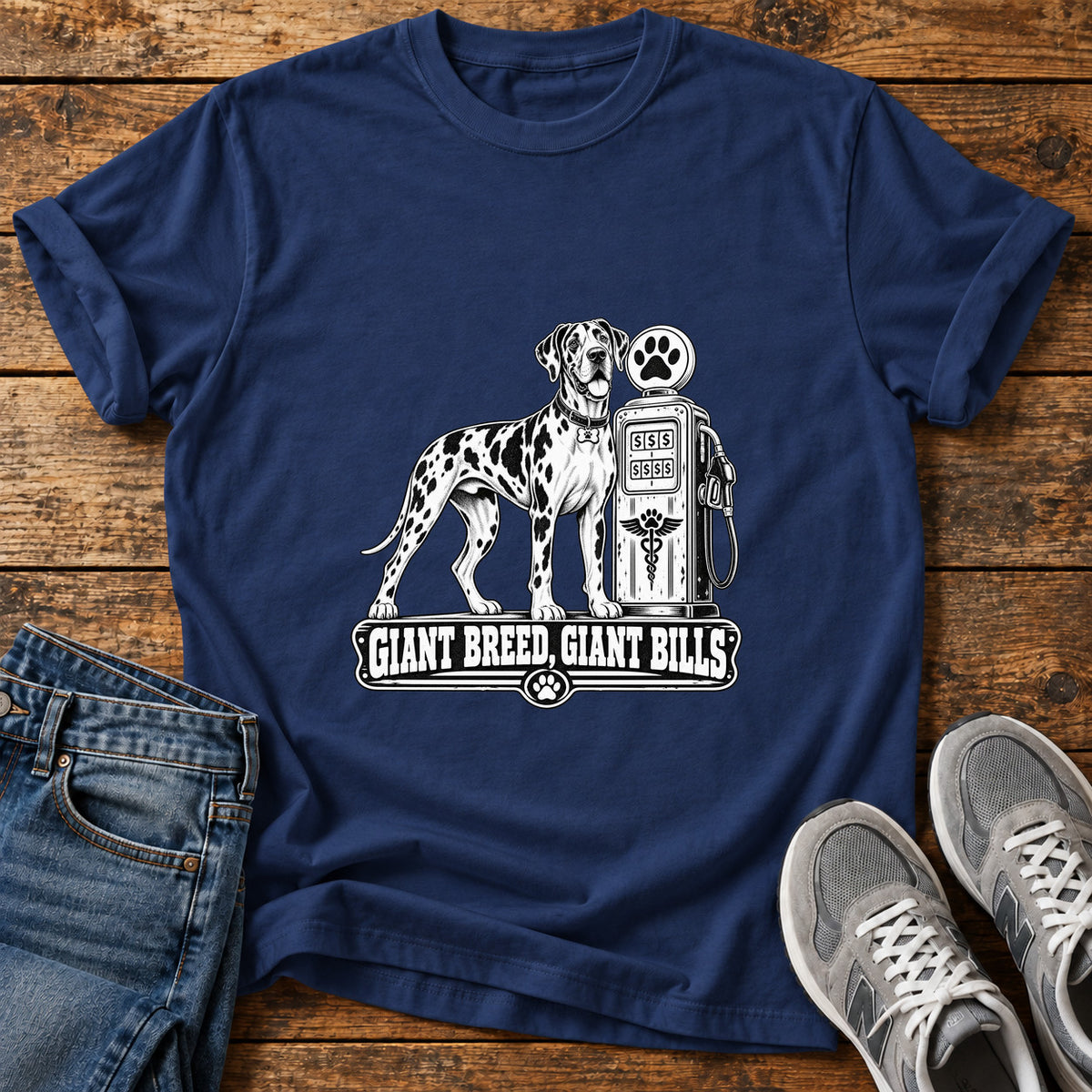 Giant Breed Bills Great Dane graphic T-shirt in Navy, shown on a flat-lay shirt mockup