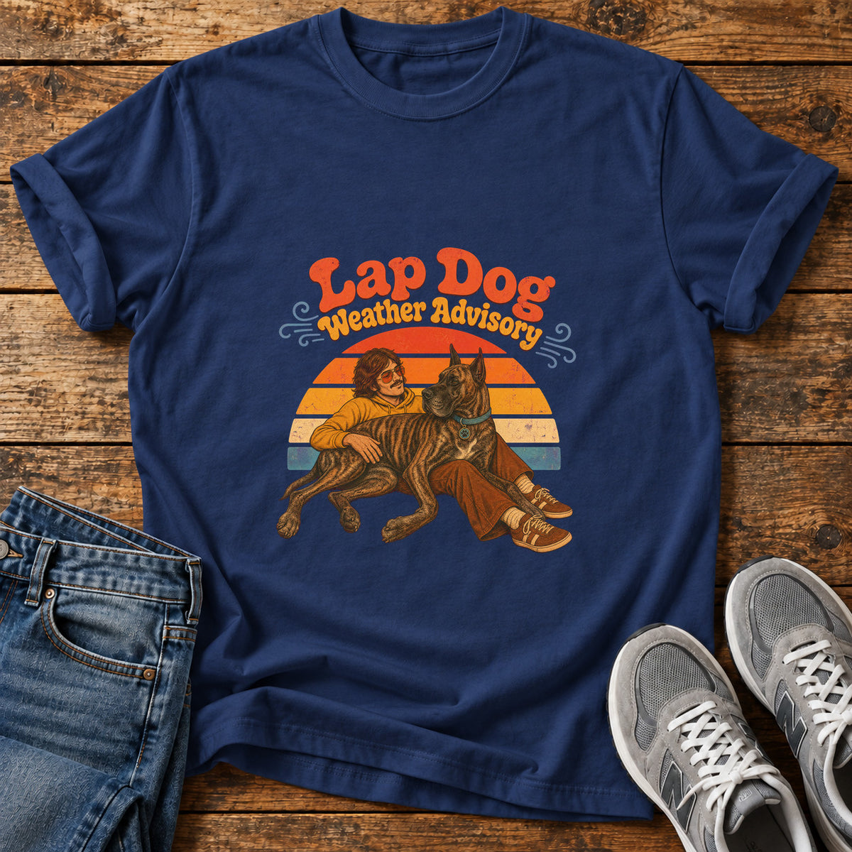 Lap Dog Advisory Great Dane graphic T-shirt in Navy, shown on a flat-lay shirt mockup
