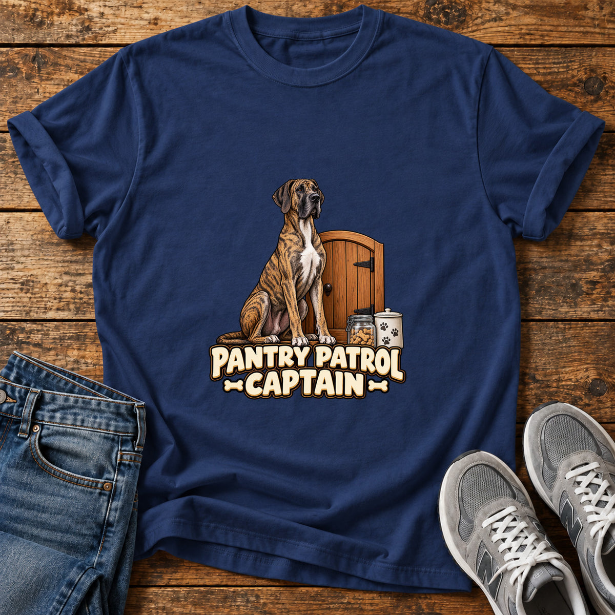 Pantry Patrol Captain Great Dane graphic T-shirt in Navy, shown on a flat-lay shirt mockup