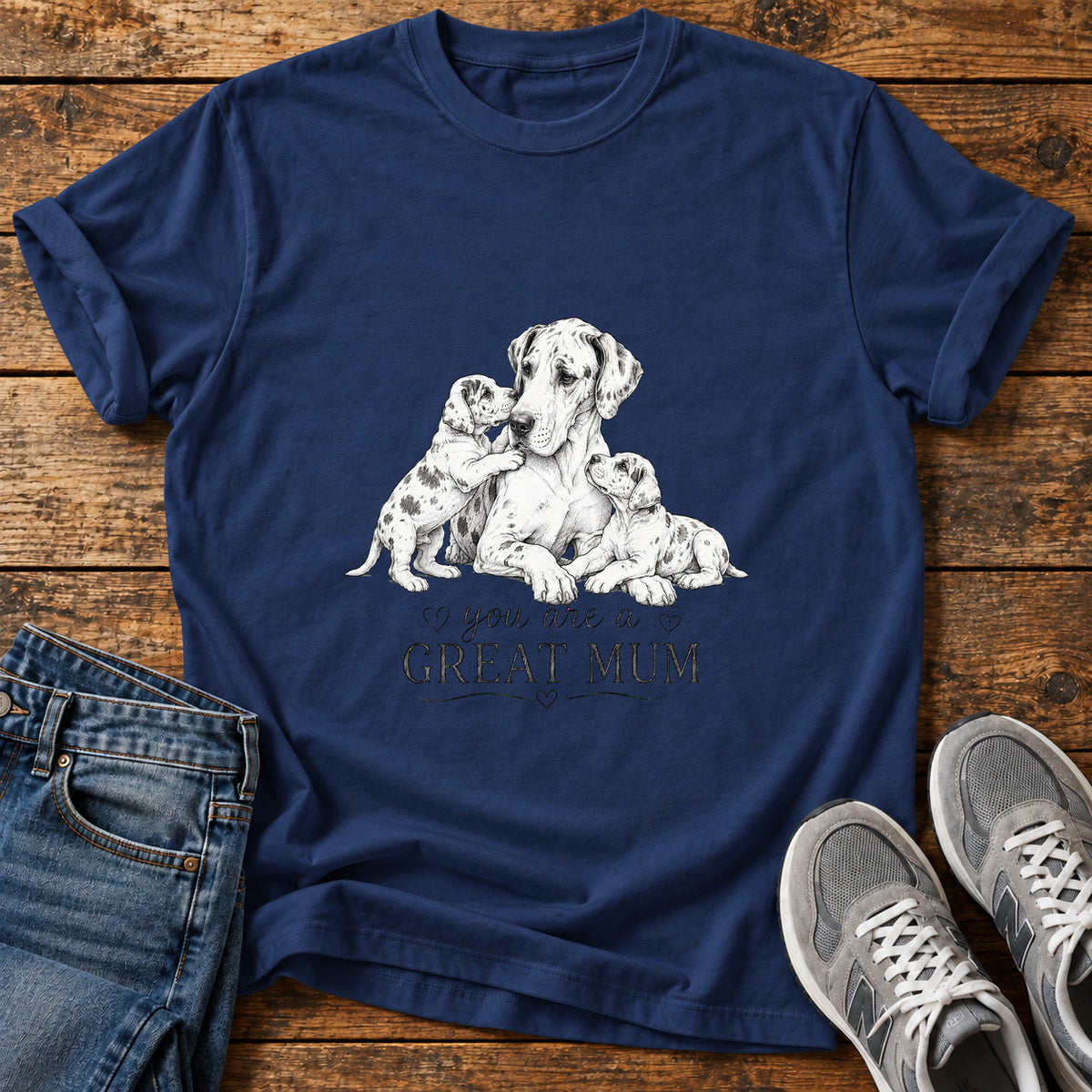 Great Mum Great Dane graphic T-shirt in Navy, shown on a flat-lay shirt mockup