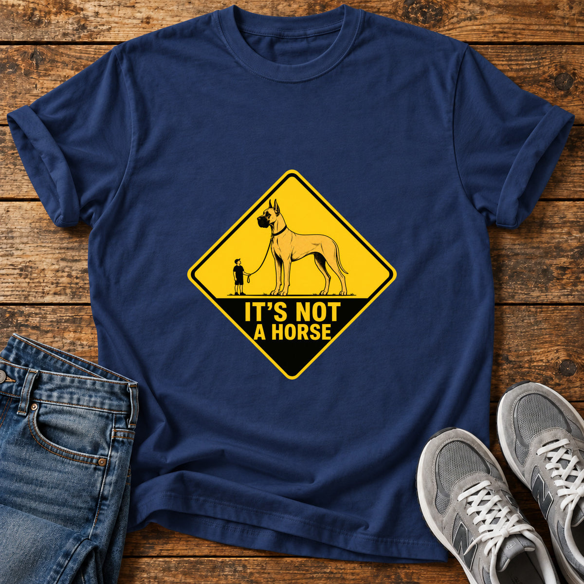 It's Not Horse Great Dane graphic T-shirt in Navy, shown on a flat-lay shirt mockup