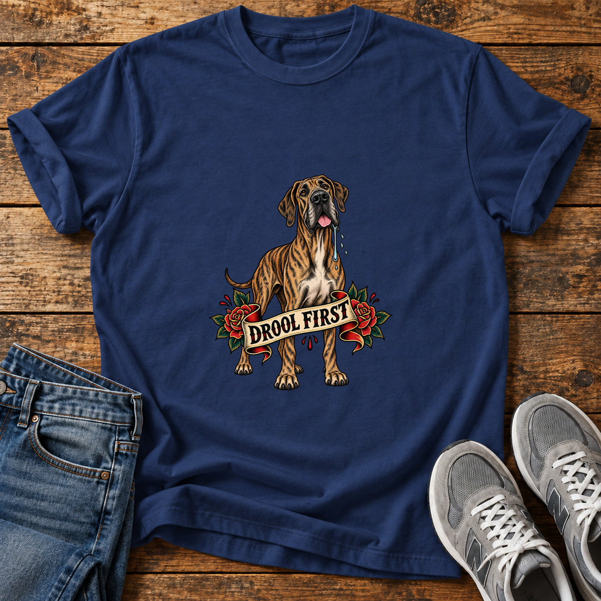 Drool First Great Dane graphic T-shirt in Navy, shown on a flat-lay shirt mockup